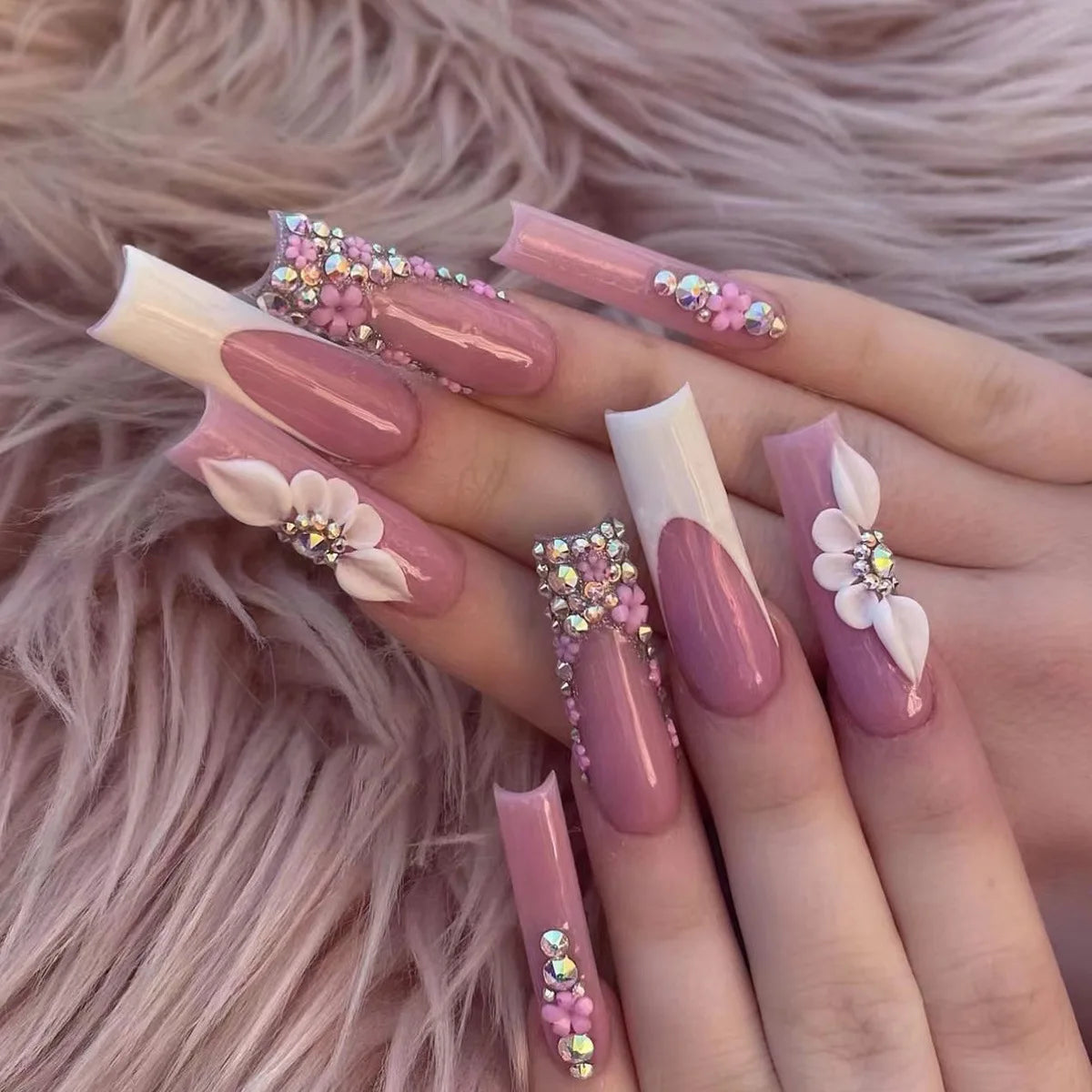 24Pcs Long Square Press on Nails Leopard Print French 3D Cherry