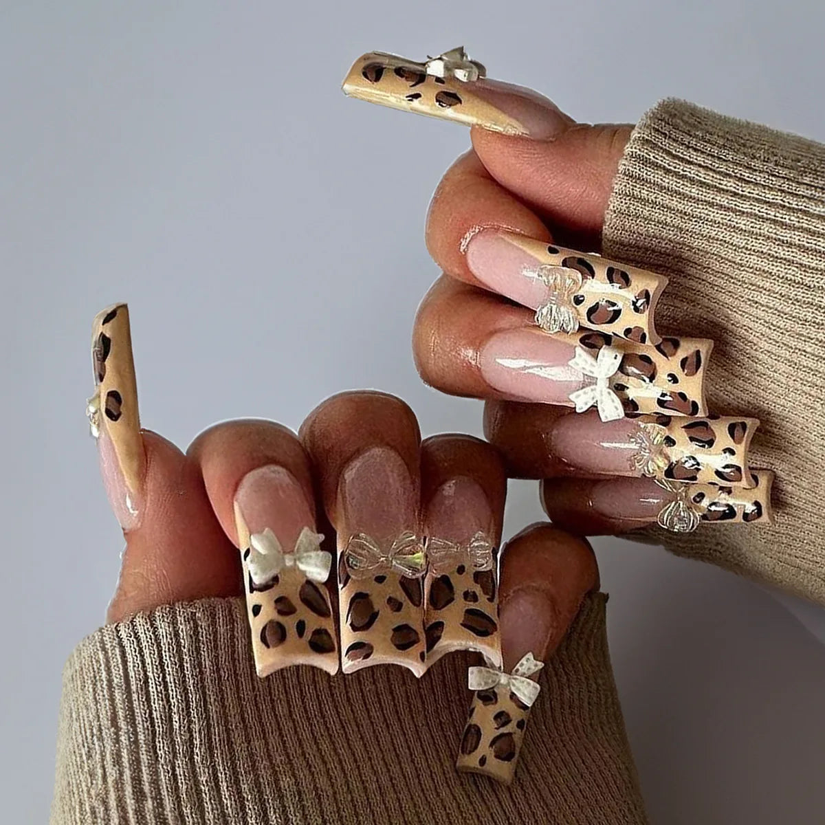 24Pcs Long Square Press on Nails Leopard Print French 3D Cherry