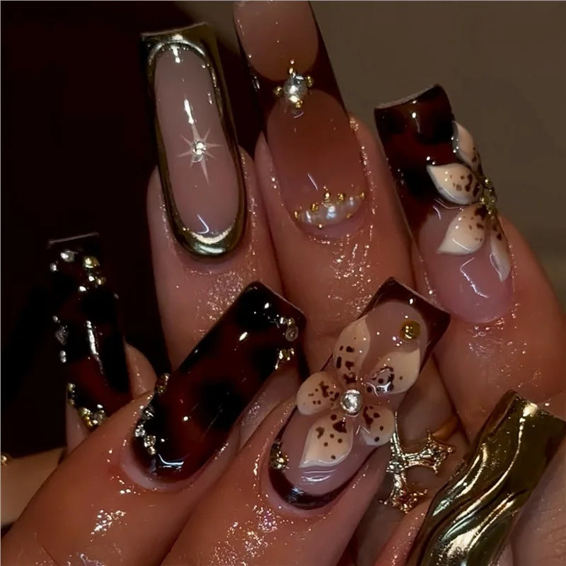 24Pcs Long Square Press on Nails Leopard Print French 3D Cherry