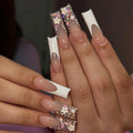 24Pcs Long Square Press on Nails Leopard Print French 3D Cherry