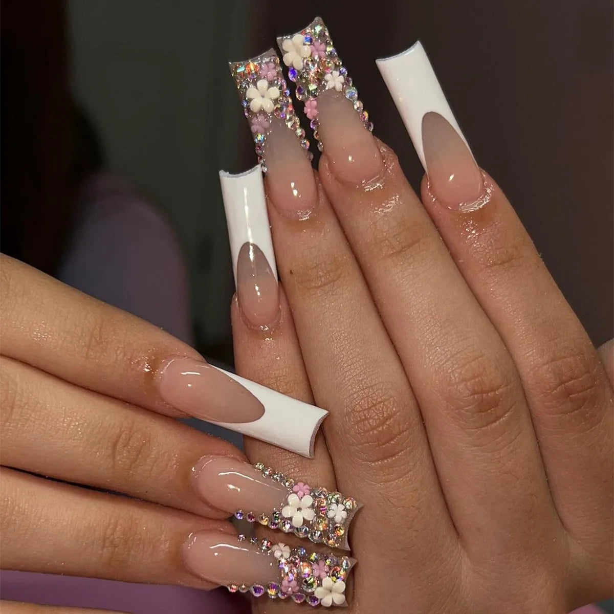 24Pcs Long Square Press on Nails Leopard Print French 3D Cherry