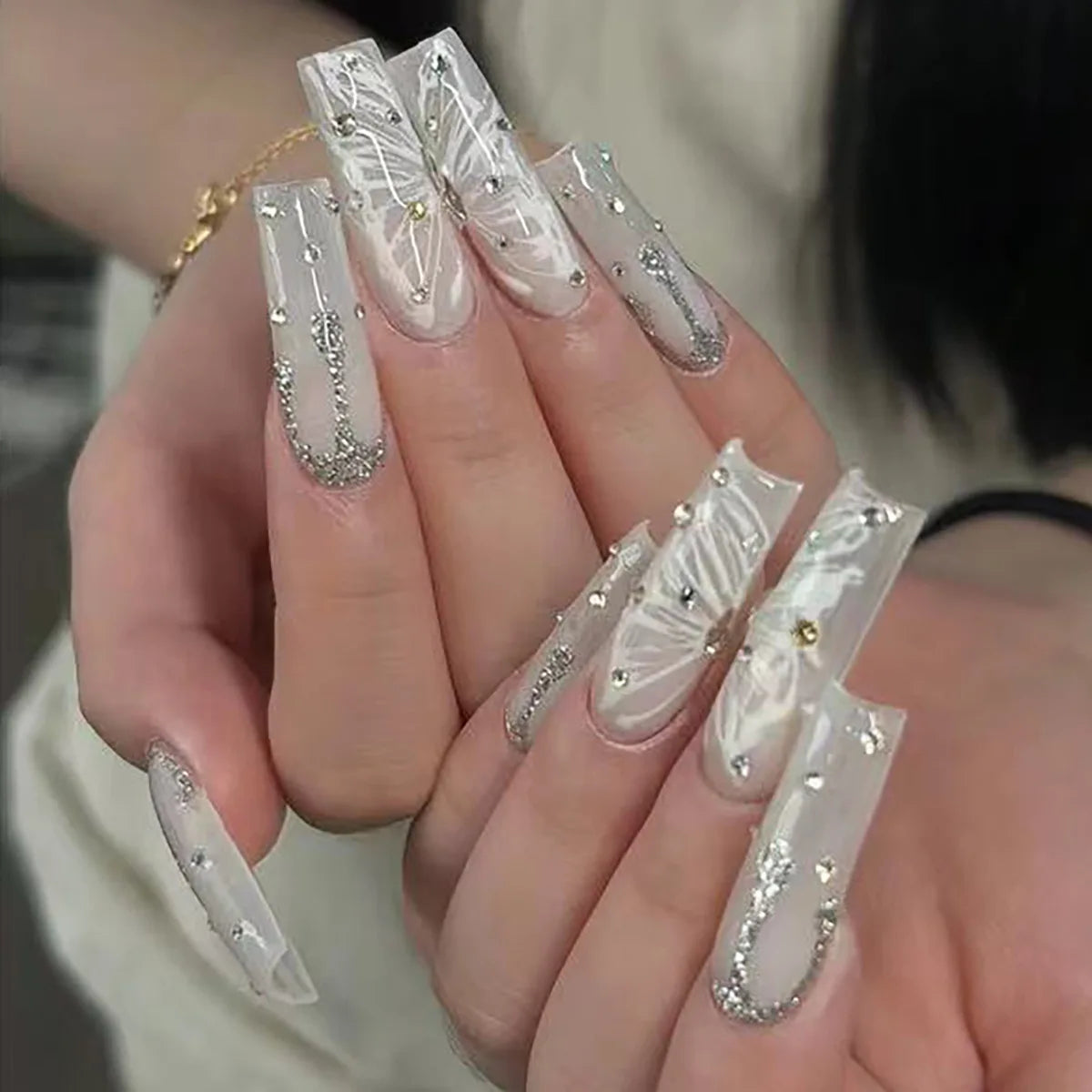 24Pcs Long Square Press on Nails Leopard Print French 3D Cherry
