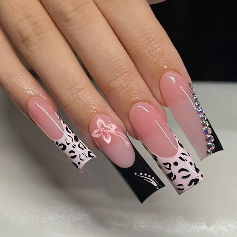 24Pcs Long Square Press on Nails Leopard Print French 3D Cherry
