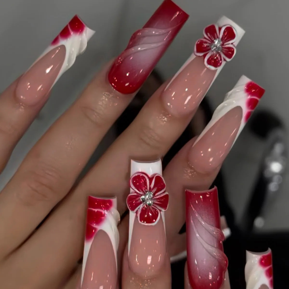24Pcs Long Square Press on Nails Leopard Print French 3D Cherry