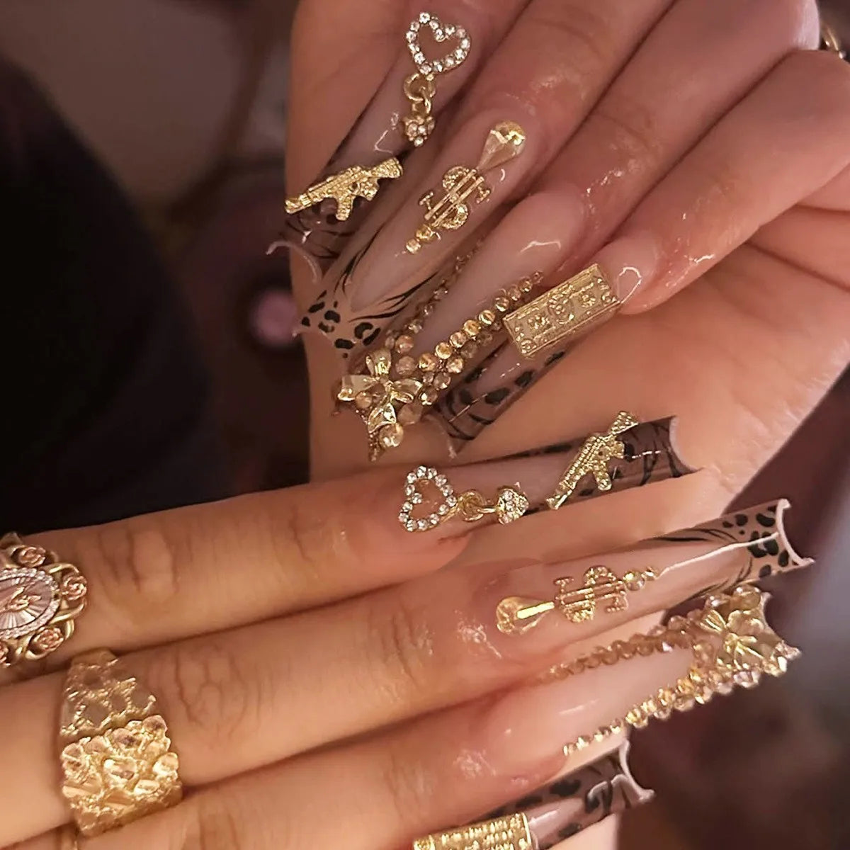 24Pcs Long Square Press on Nails Leopard Print French 3D Cherry