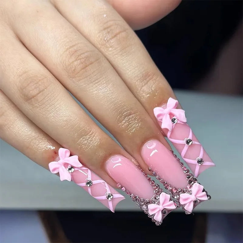 24Pcs Long Square Press on Nails Leopard Print French 3D Cherry