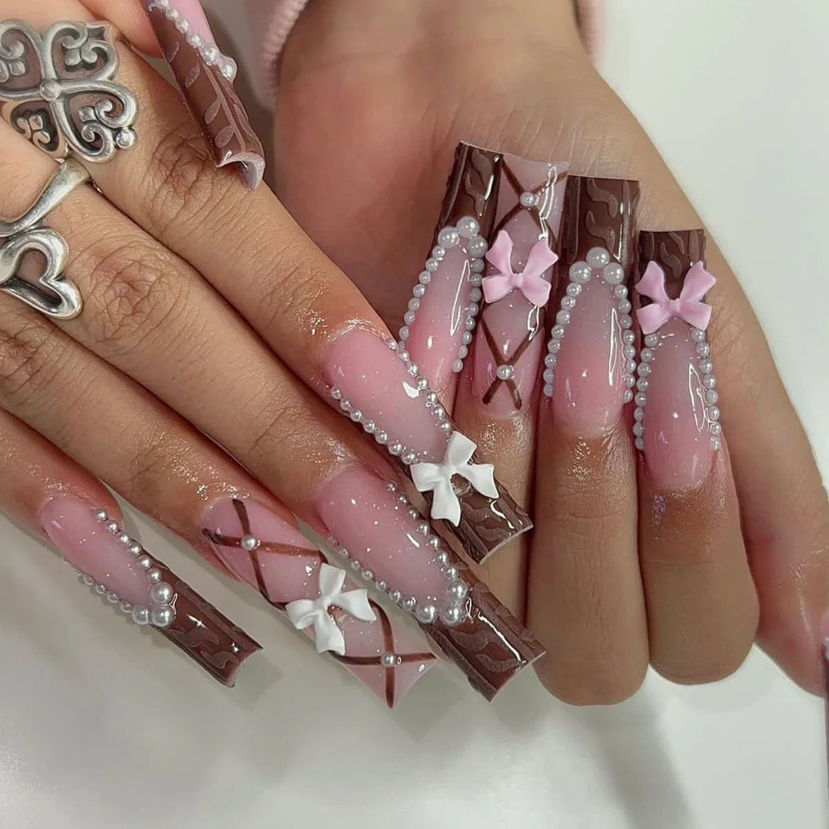 24Pcs Long Square Press on Nails Leopard Print French 3D Cherry