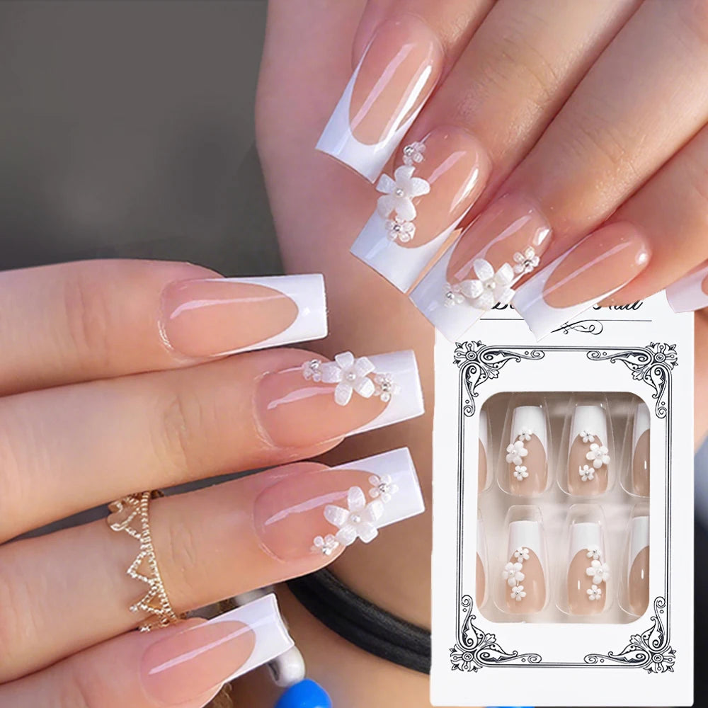 24pcs White French Ballet Nails 3D Acrylic Flowers Silver Caviar Beads Press on Nails