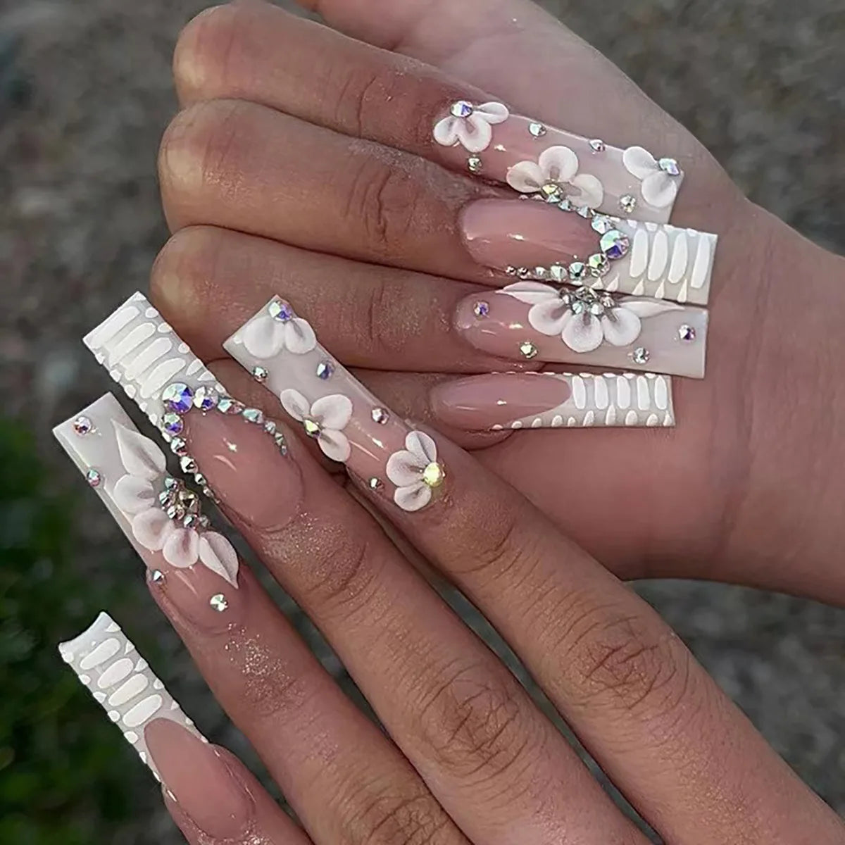 24Pcs Long Square Press on Nails Leopard Print French 3D Cherry