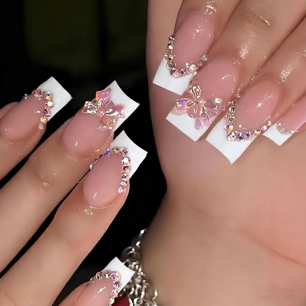 24pcs White French Ballet Nails 3D Acrylic Flowers Silver Caviar Beads Press on Nails